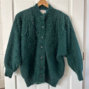 Exclusively Misook Vintage Green Angora Wool Cardigan Jacket Beaded One Size XL